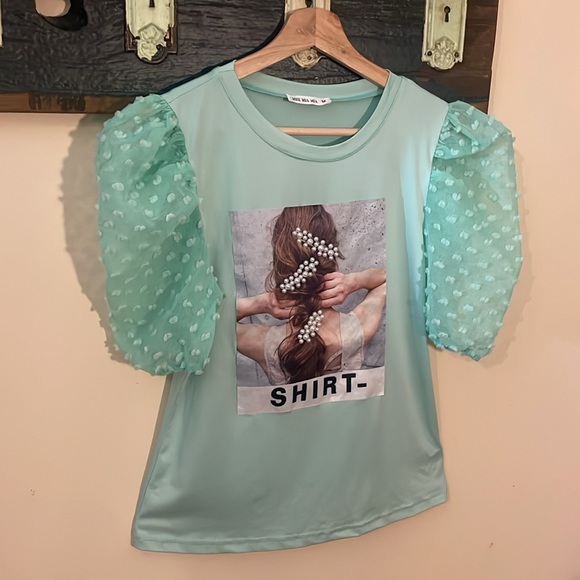 Miss Mia Mia Mint Green Balloon Sleeve Spandex T-shirt Top Size Medium - Picture 9 of 16